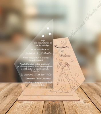 <p>Invitație din sticla organica combinată cu lemn originală și inovativă, cu posibilitate de personalizare. Pe fața invitației poate fi gravat orice model de text sau design.</p>