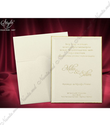 <p>Invitație de nuntă elegantă confecționată dintr-un carton tare. Cartonul pe care se printează textul este bej sidefat, cu o bază aurie. Drept ornament servesc liniile reliefate în jur. Plic sidefat este inclus în prețul invitației.</p>