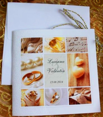 <p>Invitație de nuntă modernă, realizată dintr-un cartonaș alb ce se pliază în două părți egale pe orizontală. Coperta este decorată cu multiple imagini simbolizând motivele nunții. Textul este tipărit pe partea interioră a invitației. În preț este inclus plic alb.&nbsp;</p>