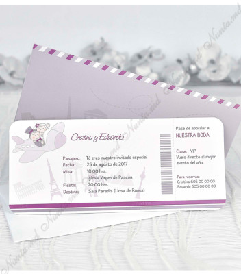 <p>Invitație de nuntă în forma unui bilet de avion. În interior textul este printat alături de figurile haioase prezentate în imagine. În prețul invitației este inclus plic alb.</p>