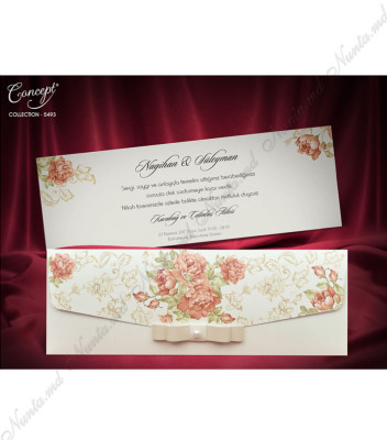 <p>Invitație de nuntă confecționată din carton crem sidefat, decorată cu motive florale. Invitația se introduce în plicul cu același design, decorată cu fundiță crem.</p>