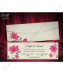 <p>Invitație de nuntă de formă dreptunghiulară, confecționată din carton striat de culoare crem, cu imprimeu floral roz atît pe invitație cît și pe plicul care intră în preț.</p><p>(Stoc limitat)</p>