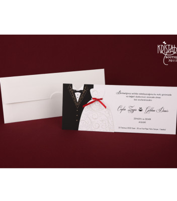 <p>Invitație de nuntă din carton de culoare crem, ce prezintă imaginea unui smoching și rochia miresei legată la mijloc cu o panglică roșie. Textul este tipărit pe partea dreaptă a invitației. În prețul invitației este inclus plic alb. (Stoc limitat)</p>