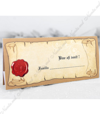 <p>Card de masă pentru nuntă sau alte evenimente de tip papirus, în interiorul căruia este un compartiment (buzunărel) care poate fi folosit ca plic pentru bani. Prețul cardului include tipărirea textului (color sau negru).</p>