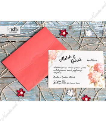 <p>Invitație de nuntă clasică, confecționată din carton alb destinat tipăririi textului și ornamentat cu elemente floristice. Plicul de culoare roșie este inclus în preț.</p>