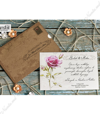 <p>Invitație romantică în forma unui card de felicitare pe cartonaș bej cu imprimeu de trandafir destinat printării textului. Invitația se introtuce pe orizontală într-un plic craft de tip buzunar care imită plicul unei scrisori vechi.</p>