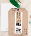 <p>Invitaţie de nuntă vintage, ce reprezintă câteva elemente asociate cu tema călătoriei. Formată dintr-un carton pe care se scrie textul, 2 bileţele scrise cu numele mirilor şi data evenimentului sau orice alt mesaj scurt şi un carton ce prezintă 2 mici tăieturi pentru prinderea pozelor.&nbsp;Plicul este inclus în preţ. Banda cu poze este doar cu titlu de prezentare.</p>
