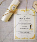 <p>Invitație de nuntă confecţionată dintr-un carton de culoare bej şi diverse imprimeuri. Se rulează şi se face tubuşor. Tubul are ca accesoriu o fundiţă.</p><p>Design-ul poate fi modificat.&nbsp;</p><p><strong>Setul poate fi completat cu:</strong></p><p>• Plic invitaţie;</p><p>• Interior plic;</p><p>• Aranjare la mese;</p><p>• Plic de bani;</p><p>• Etichetă decorativă;</p><p>• Număr la masă etc.</p><p><strong>ATENŢIE: </strong>În dependenţă de tipul hârtiei, complexitatea modelului şi componentele alese, preţul poate varia.&nbsp;</p><p>Orice idee poate fi realizată !!!</p>