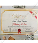 <p>Invitație de nuntă sub forma unei diplome, fiind realizată dintr-un carton crem cu marginile aurii, iar în partea de jos are o holograma grena.&nbsp;</p><p>Este accesorizată cu ştampilă şi fundiţa.&nbsp;</p>