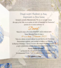 <p>Invitaţie originală cu design personalizat, se pliază în două pe partea interioară este imprimat textul invitației.&nbsp;</p><p><strong>Setul poate fi completat cu:</strong></p><p>•&nbsp;&nbsp;&nbsp;&nbsp;&nbsp;&nbsp;&nbsp;&nbsp; Aranjare la mese;</p><p>•&nbsp;&nbsp;&nbsp;&nbsp;&nbsp;&nbsp;&nbsp;&nbsp; Cartea de urări;</p><p>•&nbsp;&nbsp;&nbsp;&nbsp;&nbsp;&nbsp;&nbsp;&nbsp; Plic de bani;</p><p>•&nbsp;&nbsp;&nbsp;&nbsp;&nbsp;&nbsp;&nbsp;&nbsp; Număr la masă etc.</p><p>•&nbsp;&nbsp;&nbsp;&nbsp;&nbsp;&nbsp;&nbsp;&nbsp; Bomboniera;</p><p>•&nbsp;&nbsp;&nbsp;&nbsp;&nbsp;&nbsp;&nbsp;&nbsp; Cutie pentru colaci;</p><p>•&nbsp;&nbsp;&nbsp;&nbsp;&nbsp;&nbsp;&nbsp;&nbsp; Cutie pentru bani.</p><p>&nbsp;</p><p><strong>ATENŢIE: </strong>În dependenţă de tipul hârtiei, complexitatea modelului şi componentele alese, preţul poate varia.&nbsp;</p><p>Designul poate modificat !!!</p>