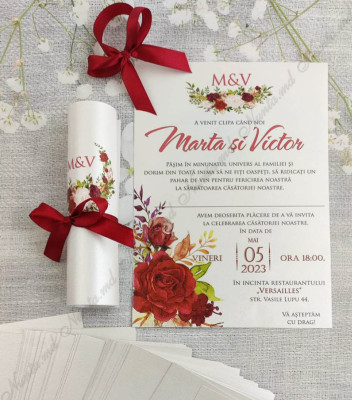 <p>Invitație de nuntă confecţionată dintr-un carton de culoare bej şi diverse imprimeuri. Se rulează şi se face tubuşor. Tubul are ca accesoriu o fundiţă.</p><p>Design-ul poate fi modificat.&nbsp;</p><p><strong>Setul poate fi completat cu:</strong></p><p>• Aranjare la mese;</p><p>• Plic de bani;</p><p>• Număr la masă etc.</p><p><strong>ATENŢIE: </strong>În dependenţă de tipul hârtiei, complexitatea modelului şi componentele alese, preţul poate varia.&nbsp;</p><p>Orice idee poate fi realizată !!!</p>