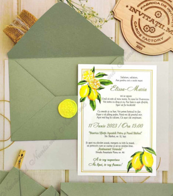 <p>Invitaţie la nunta, cu tematica "Lemon", compus din cartonaş invitaţie de nunta (carton alb mat), plic alb accesorizat cu ştampilă(sigiliu)alb.</p><p><strong>Setul poate fi completat cu:</strong></p><p>• Aranjare la mese;</p><p>• Plic de bani;</p><p>• Număr la masă etc.</p><p>Aceste componente pot fi сomandate atât în set cât şi separat.&nbsp;</p><p><strong>ATENŢIE: </strong>În dependenţă de tipul hârtiei, complexitatea modelului şi componentele alese, preţul poate varia.&nbsp;</p><p>Orice idee poate fi realizată !!!</p>