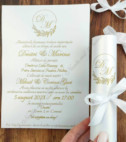 <p>Invitație la nuntă confecţionată dintr-un carton perlat cu imprimeuri verzi. Se rulează şi se face tubuşor. Tubul are ca accesoriu o fundiţă.</p><p>Design-ul poate fi modificat.&nbsp;</p><p><strong>Setul poate fi completat cu:</strong></p><p>• Plic invitaţie;</p><p>• Interior plic;</p><p>• Aranjare la mese;</p><p>• Plic de bani;</p><p>• Etichetă decorativă;</p><p>• Număr la masă etc.</p><p><strong>ATENŢIE: </strong>În dependenţă de tipul hârtiei, complexitatea modelului şi componentele alese, preţul poate varia.&nbsp;</p><p>Orice idee poate fi realizată !!!</p>