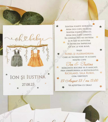 <p>Invitaţie la cumatrie sau botez, cu design personalizat, la petrecerea frăţiorilor, băieţel şi fetiţă. &nbsp;Imprimarea e posibilă pe ambele părţi ale cartonaşului.</p><p><strong>Setul poate fi completat cu:</strong></p><p>•&nbsp; Cartonaş cu aranjarea la mese;</p><p>• Cartea de urări;</p><p>•&nbsp;Plic de bani;</p><p>•&nbsp;Număr la masă etc.</p><p>•&nbsp;Bomboniera;</p><p>•&nbsp; Cutie pentru colaci;</p><p>•&nbsp;Cutie pentru plicuri de bani.</p><p><strong>ATENŢIE: </strong>În dependenţă de tipul hârtiei, complexitatea modelului şi componentele alese, preţul poate varia.&nbsp;</p><p>Designul poate modificat !!!</p>