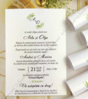 <p>Invitație la nuntă confecţionată dintr-un carton perlat cu imprimeuri minimaliste verzi. Se rulează şi se face tubuşor. Tubul are ca accesoriu o fundiţă.</p><p>Design-ul poate fi modificat.&nbsp;</p><p><strong>Setul poate fi completat cu:</strong></p><p>• Aranjare la mese;</p><p>• Plic de bani;</p><p>• Număr la masă etc.</p><p>• Căsuţa pentru plicuri de bani</p><p><strong>ATENŢIE: </strong>În dependenţă de tipul hârtiei, complexitatea modelului şi componentele alese, preţul poate varia.&nbsp;</p><p>Orice idee poate fi realizată !!!</p>
