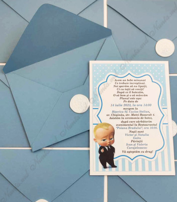 <p>Set compus din cartonaş invitaţie la botez sau cumetrie (carton alb mat), plic accesorizat cu ştampilă(sigiliu).</p><p><strong>Tematica BABY BOSS.</strong></p><p><strong>Setul poate fi completat cu:</strong></p><p>• Aranjare la mese;</p><p>• Plic de bani;</p><p>• Număr la masă etc.</p><p>Aceste componente pot fi сomandate atât în set cât şi separat.&nbsp;</p><p><strong>ATENŢIE: </strong>În dependenţă de tipul hârtiei, complexitatea modelului şi componentele alese, preţul poate varia.&nbsp;</p><p>Orice idee poate fi realizată !!!</p>