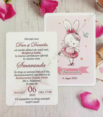 <p>Invitaţie la cumatrie sau botez, cu design personalizat, &nbsp;tematica IEPURAŞ. Imprimarea e posibilă pe ambele părţi ale cartonaşului.</p><p><strong>Setul poate fi completat cu:</strong></p><p>•&nbsp; Cartonaş cu aranjarea la mese;</p><p>• Cartea de urări;</p><p>•&nbsp;Plic de bani;</p><p>•&nbsp;Număr la masă etc.</p><p>•&nbsp;Bomboniera;</p><p>•&nbsp; Cutie pentru colaci;</p><p>•&nbsp;Cutie pentru plicuri de bani.</p><p><strong>ATENŢIE: </strong>În dependenţă de tipul hârtiei, complexitatea modelului şi componentele alese, preţul poate varia.&nbsp;</p><p>Designul poate modificat !!!</p>