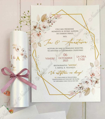 <p>Invitație la nuntă confecţionată dintr-un carton perlat cu imprimeuri diverse. Se rulează şi se face tubuşor. Tubul are ca accesoriu o fundiţă.</p><p>Design-ul poate fi modificat.&nbsp;</p><p><strong>Setul poate fi completat cu:</strong></p><p>• Aranjare la mese;</p><p>• Plic de bani;</p><p>• Număr la masă etc.</p><p>• Căsuţa pentru plicuri de bani</p><p><strong>ATENŢIE: </strong>În dependenţă de tipul hârtiei, complexitatea modelului şi componentele alese, preţul poate varia.&nbsp;</p><p>Orice idee poate fi realizată !!!</p>