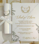 <p>Invitație la nuntă confecţionată dintr-un carton perlat cu imprimeuri minimaliste. Se rulează şi se face tubuşor. Tubul are ca accesoriu o fundiţă.</p><p>Design-ul poate fi modificat.&nbsp;</p><p><strong>Setul poate fi completat cu:</strong></p><p>• Aranjare la mese;</p><p>• Plic de bani;</p><p>• Număr la masă etc.</p><p>• Căsuţa pentru plicuri de bani</p><p><strong>ATENŢIE: </strong>În dependenţă de tipul hârtiei, complexitatea modelului şi componentele alese, preţul poate varia.&nbsp;</p><p>Orice idee poate fi realizată !!!</p>